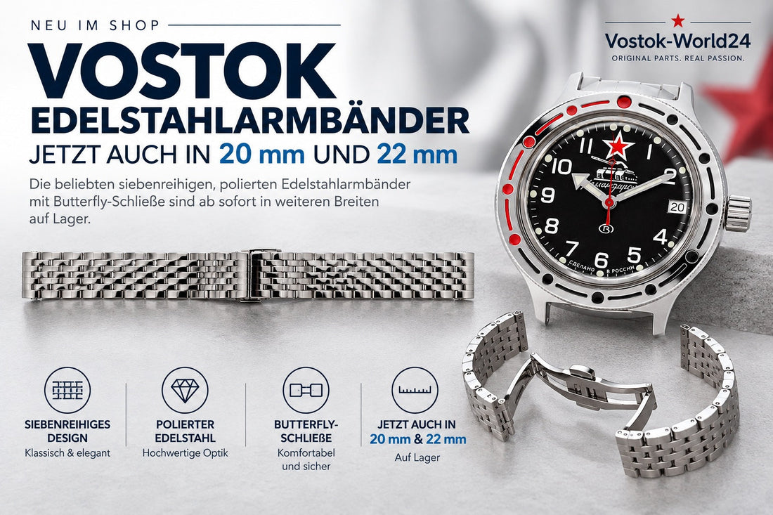 Vostok Edelstahlarmbänder mit Butterfly-Schließe in 20 mm und 22 mm neben einer Vostok Komandirskie Uhr