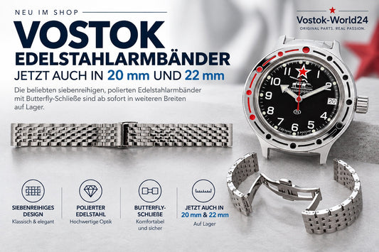 Vostok Edelstahlarmbänder mit Butterfly-Schließe in 20 mm und 22 mm neben einer Vostok Komandirskie Uhr