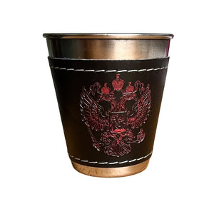 Russisches Trinkbecher‑Set mit Wappen im Lederetui – 4x 70 ml